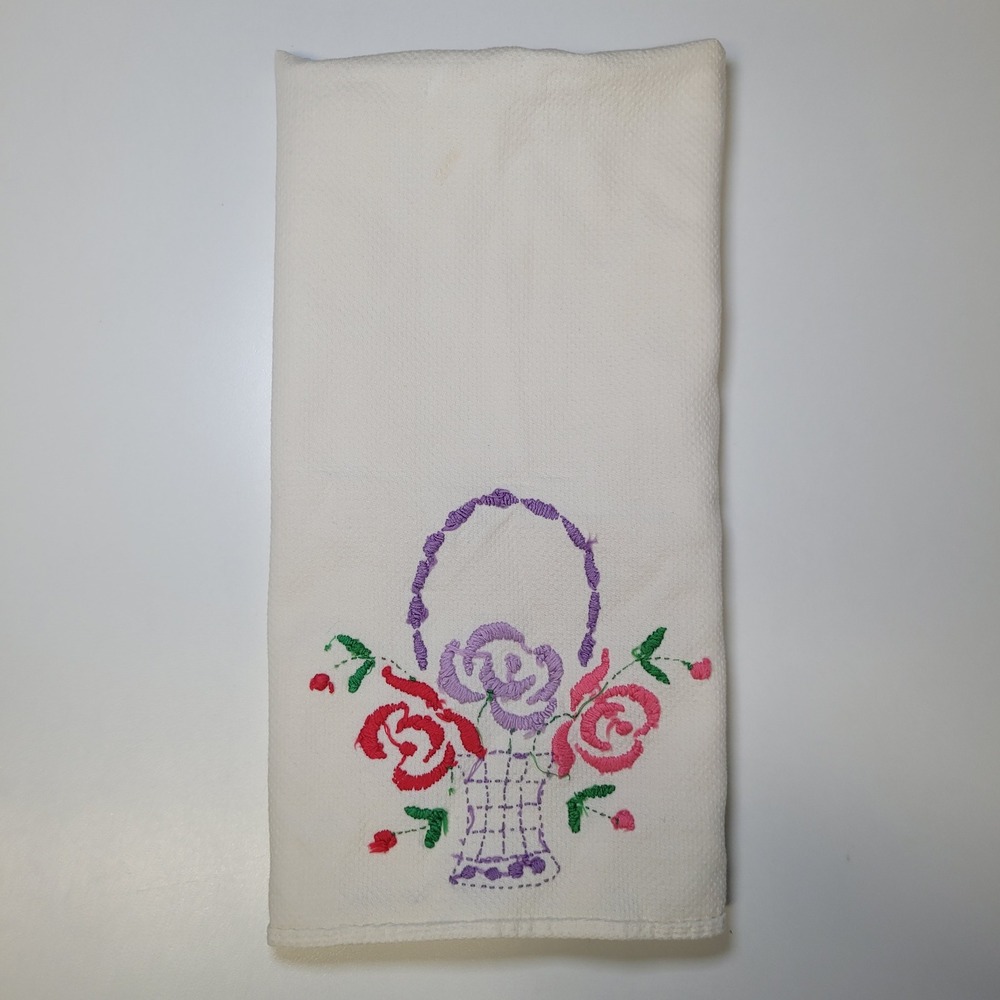 Vintage Hand Embroidered Floral Basket Tea Towel White Cotton Pink‎ Purple